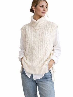 Stella Nova Cream Cable Knit Sweater Vest Turtleneck Size M